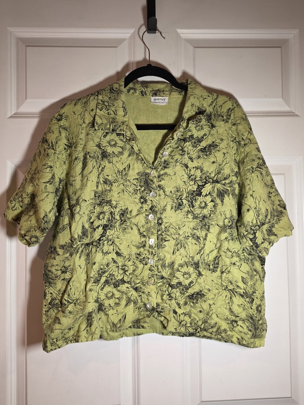Habitat 100% Linen Bright Green And Black Floral Button-Up Blouse L/XL